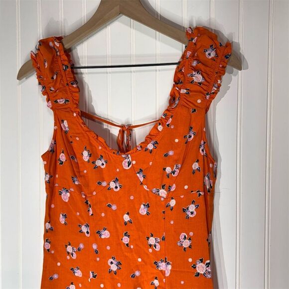 Free People S Orange Floral Mini Dress Ruffle Hem Tie Back Linen Blend Cottage - Picture 3 of 10